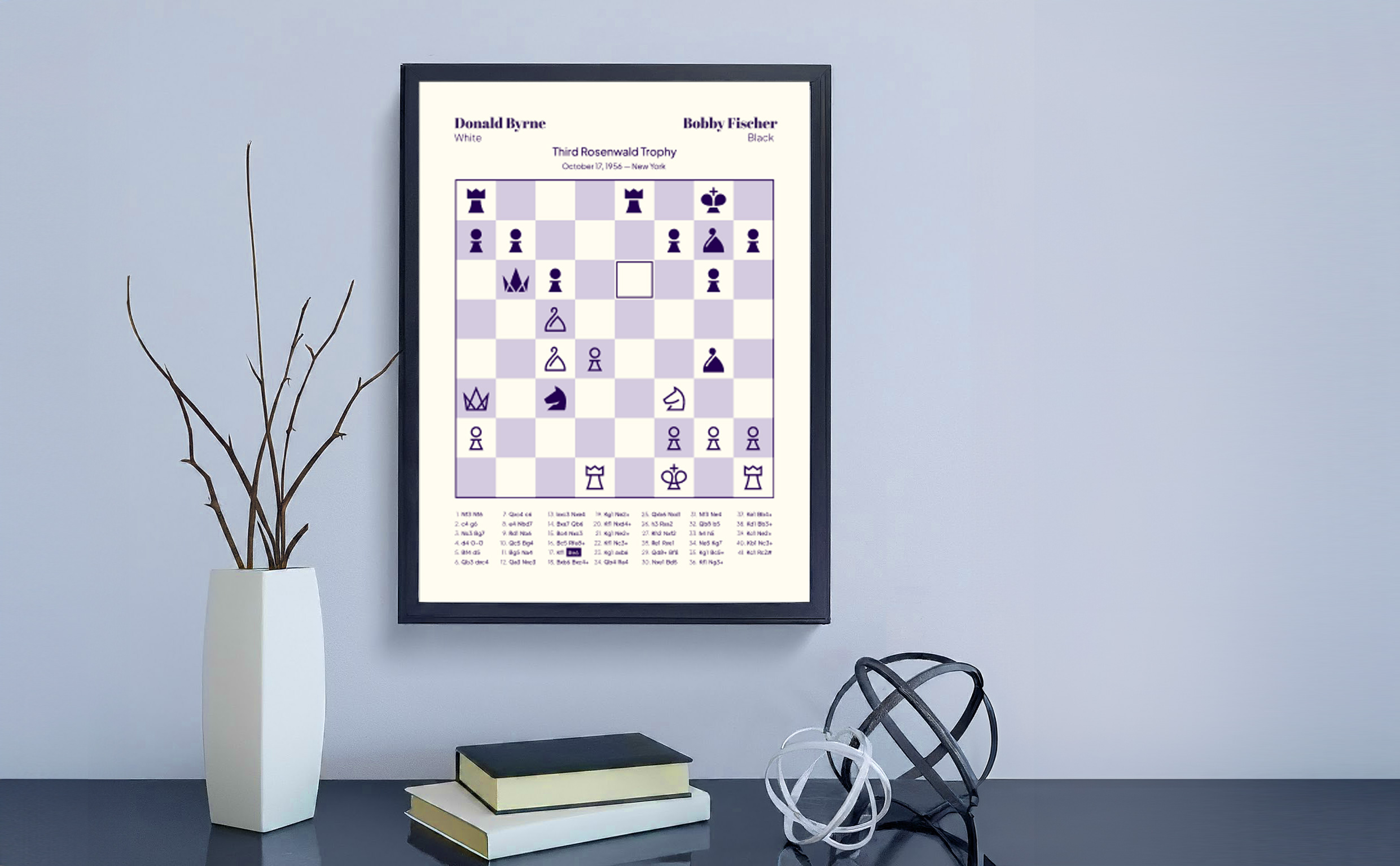 An 18x24 inch poster hanging on the wall in a chic interior. The poster design is customized from the notation of Bobby Fischer's Game of the Century.