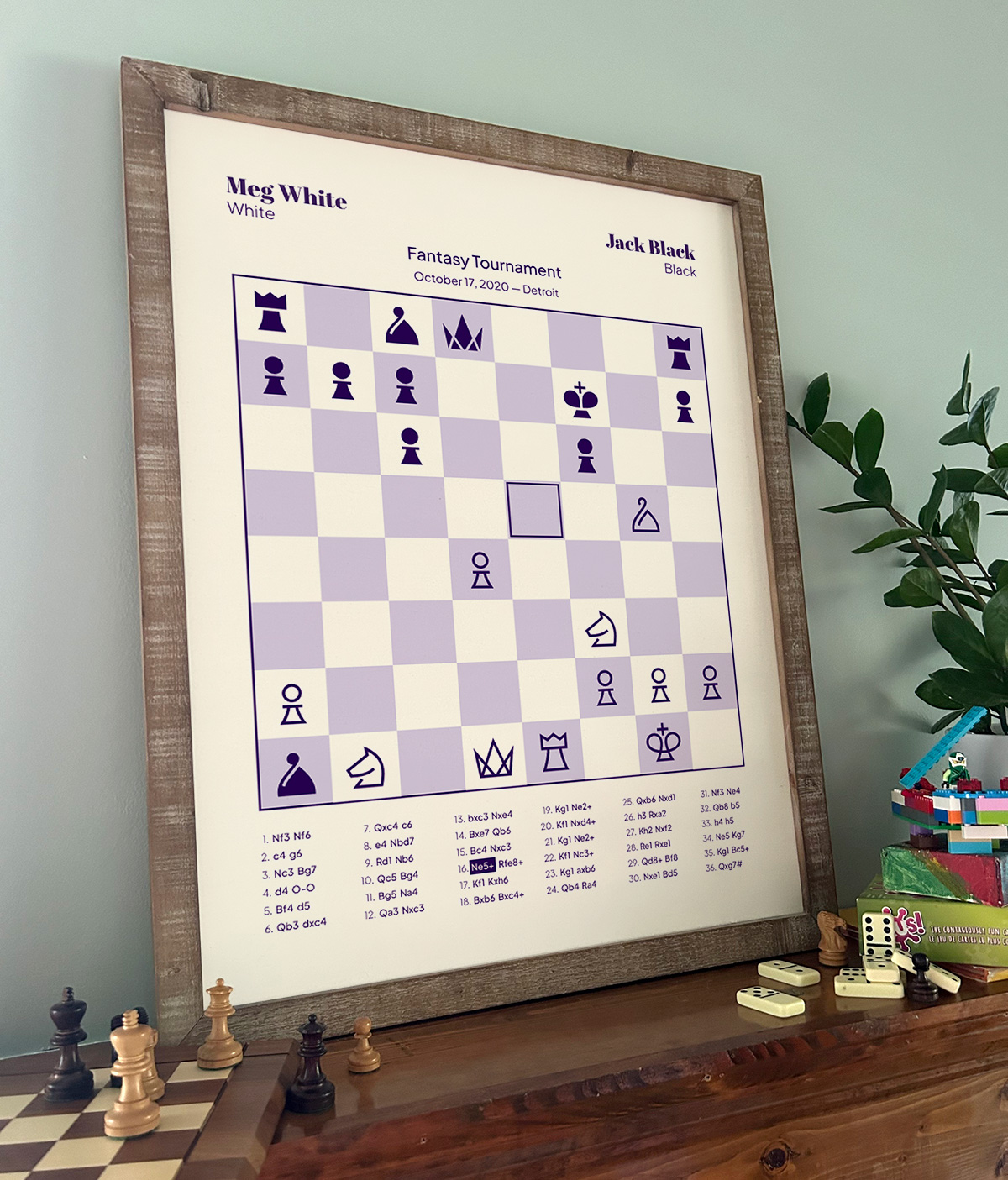 A personalized chess game poster framed and in a room.